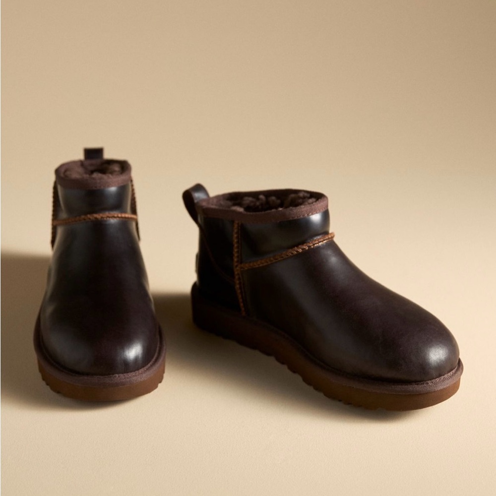 UGG Dark Brown Leather Boots ultra mini like new!